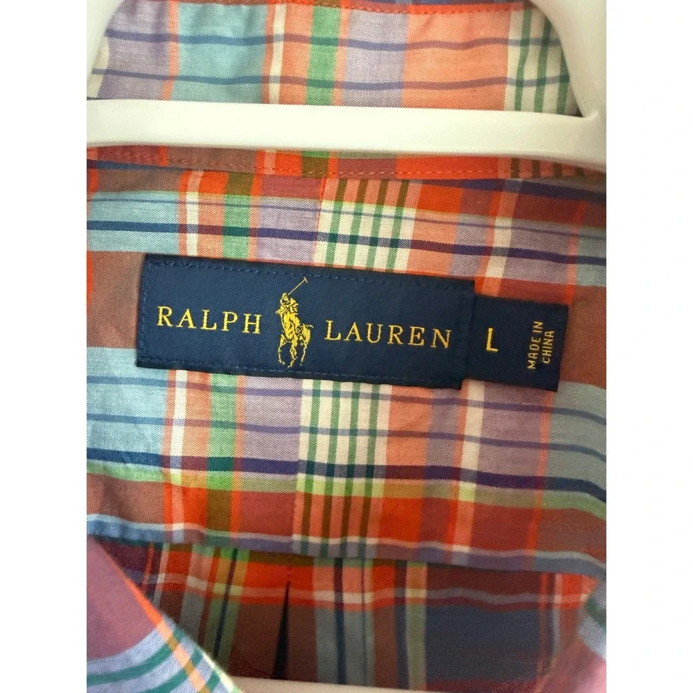 Ralph Lauren Mens Large Orange Multi Plaid Long Sleeve Button Down Shirt